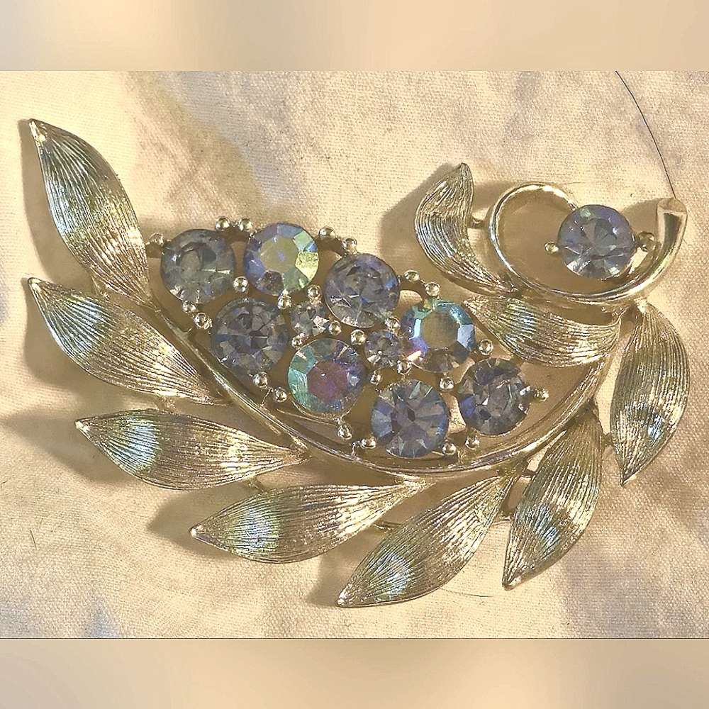 Lister signed leaf brooch aurora borealis